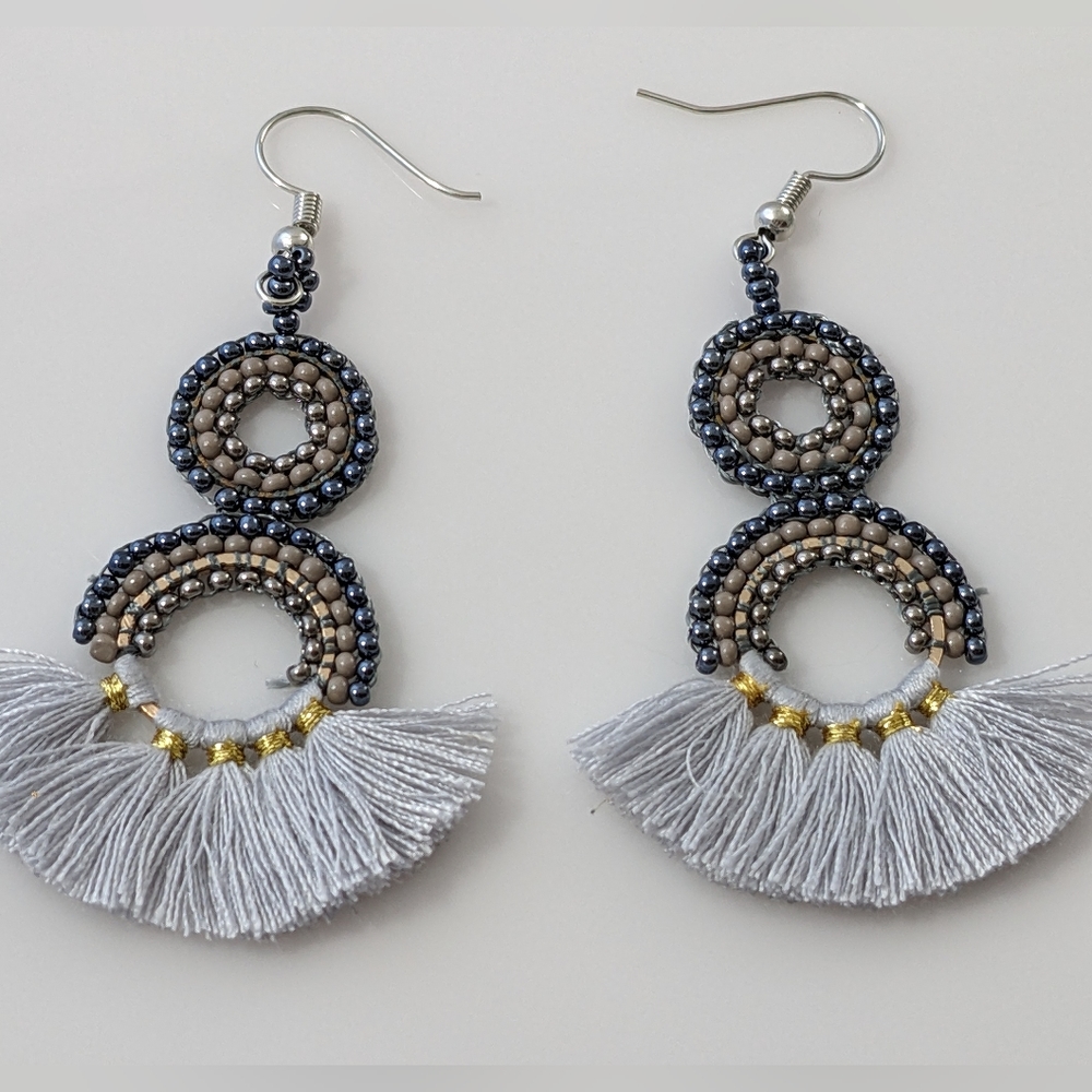 Boho Grey & Gold Tassel Earrings